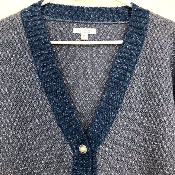 Lauren Conrad Dusty Blue Silver Sparkle V Neck Pearl Button Up Holiday Cardigan - Picture 6 of 16